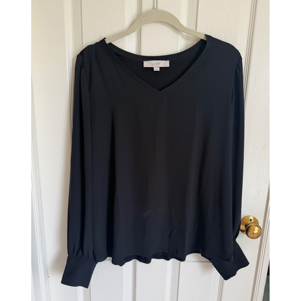 LOFT Black Mixed Media V-Neck Blouse Smocked Cuff Long Sleeve XXL